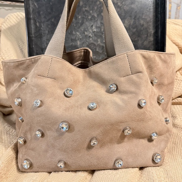 Anthropologie Rhinestone Studded Rivet Velvet Suede Satchel Tote Bag Slouch - Picture 2 of 9